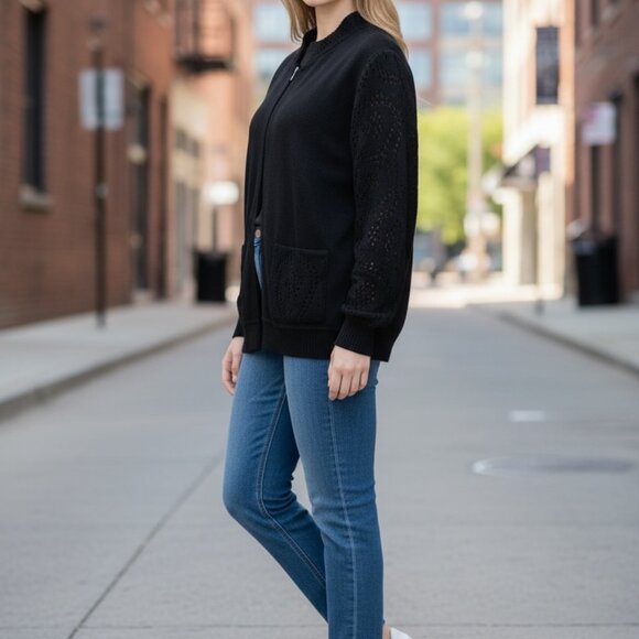 ELEGANT LUXURY METALLIC BLACK OPEN KNIT ST JOHN COUTURE EVE BLACK KNIT JACKET XL - Picture 2 of 5